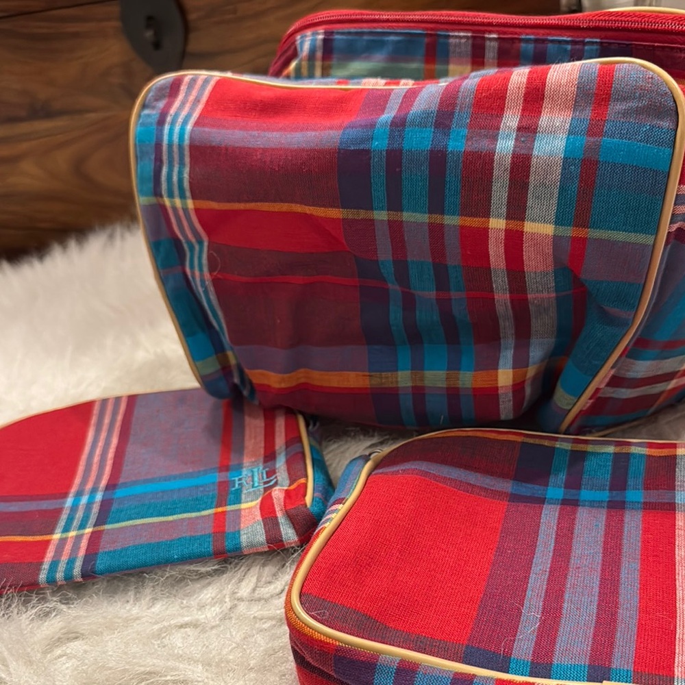 Y2K Ralph Lauren Colorful Plaid Travel Bag 3 Piece Set pre-owned. - Picture 9 of 11